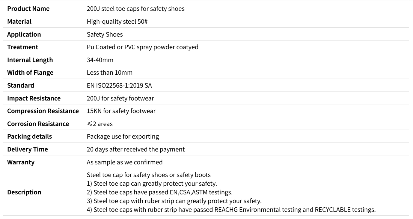 200J steel toe caps for safety shoes
